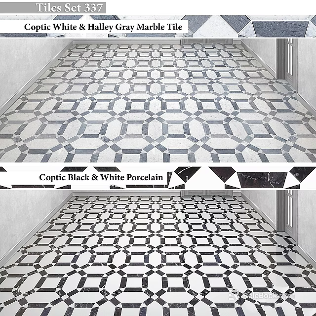 Coptic Black White Porcelain Tiles with Geometric Pattern for Interior Floor Design 3d model 
