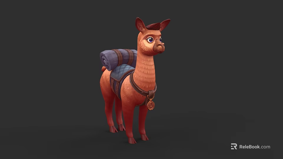 Adorable Red Llama 3D Model Carrying Blue Backpack With Round Pendant on Neck 3d model 