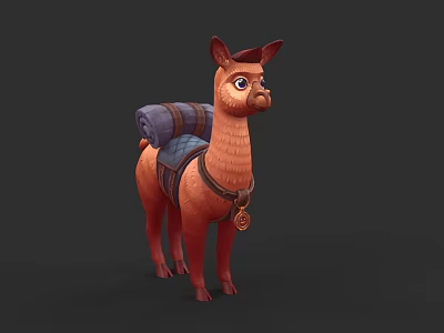 Adorable Red Llama 3D Model Carrying Blue Backpack With Round Pendant on Neck 3d model