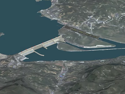 Aerial View of Large Dam Structure in Mountainous Water Surroundings 3d model