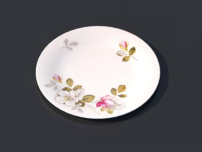 Delicate Ceramic Tableware Set Featuring White Plates With Floral Patterns And Green Leaves 3d model