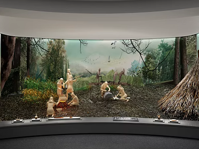 Exhibition Hall Showcasing Natural Forest Scene Human Sculptures And Thatched Hut 3d model