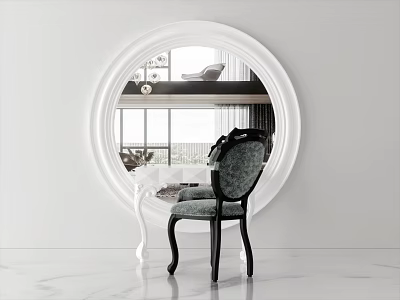 Modern White Vanity With Round Mirror And Black Chair On Marble Floor 3d model