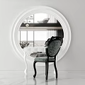 Modern White Vanity With Round Mirror And Black Chair On Marble Floor