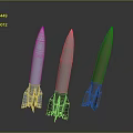 Three Different Colored Rocket Weapons Displayed As 3D Models On Gray Background