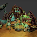 Fantasy Cave Scene with Rock Formations Blue Glowing Lights Green Fabric Ladders and Wooden Barrels