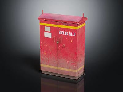 Red Metal Cabinet With Stick No Bills Sign And Yellow Stripes 3d model