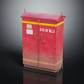 Red Metal Cabinet With Stick No Bills Sign And Yellow Stripes