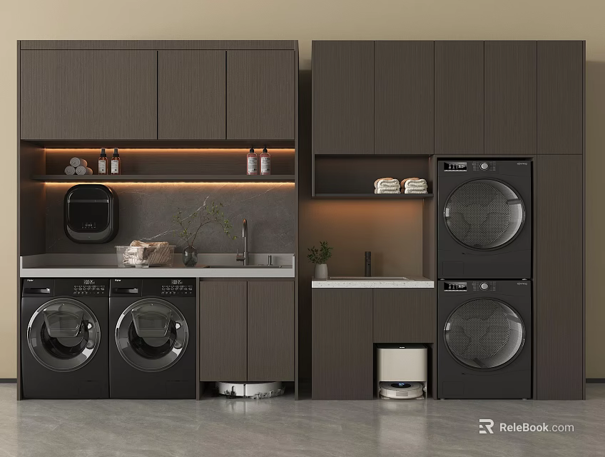 Dark Balcony Cabinet With Washing Machine Dryer Wall Cabinets Storage And Countertop 3d model 
