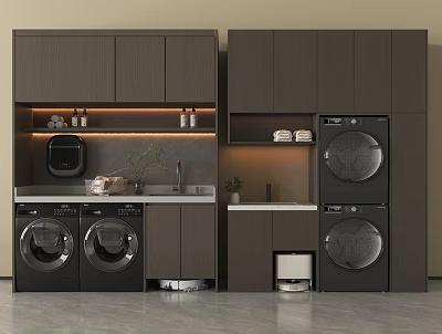 Dark Balcony Cabinet With Washing Machine Dryer Wall Cabinets Storage And Countertop 3d model