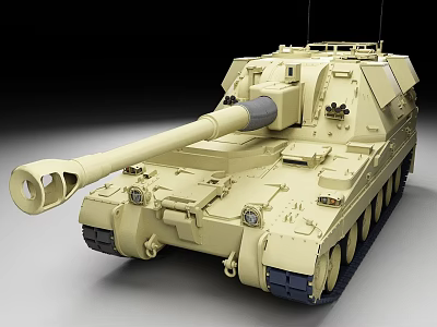 Tan Armored Military Tank With Long Barrel Tracks And Turret Details 3d model