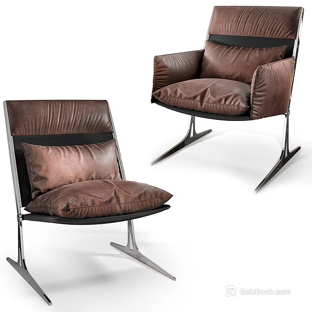 Modern Brown Leather Armchair With Cushion And Metal Legs Design 3d model 