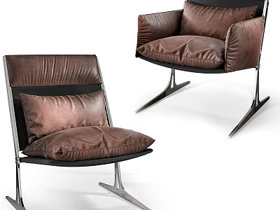 Modern Brown Leather Armchair With Cushion And Metal Legs Design 3d model