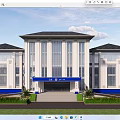 Modern Office Building With White Facade Blue Awning And Symmetrical Design