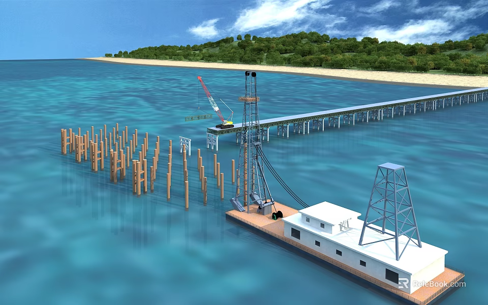 Offshore Drilling Platform With Pile Driver Jetty Wooden Piles And Coastal Island 3d model 