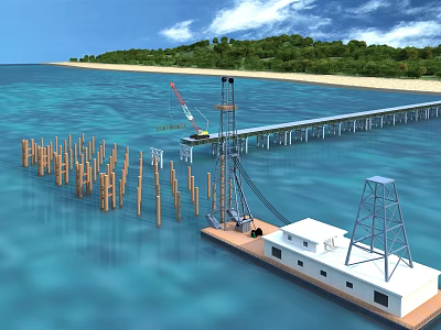 Offshore Drilling Platform With Pile Driver Jetty Wooden Piles And Coastal Island 3d model