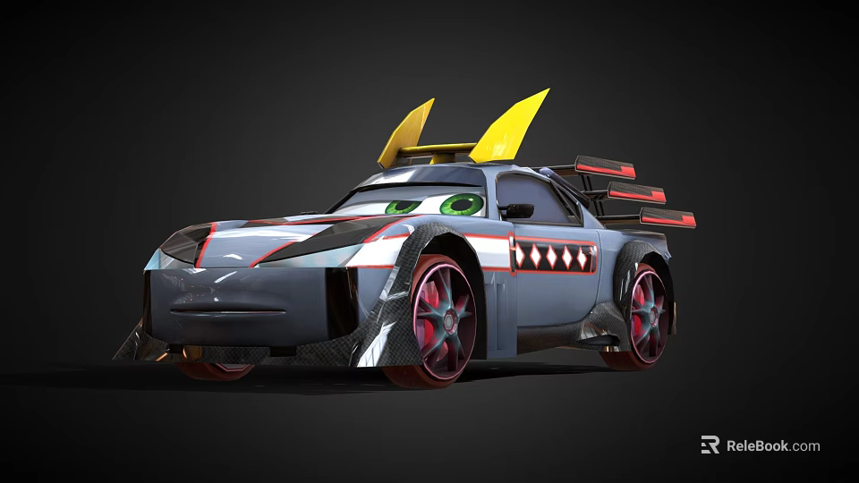 Cartoon Style Racing Car With Yellow Spoiler Green Eyes And Red Wheels 3d model 
