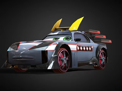 Cartoon Style Racing Car With Yellow Spoiler Green Eyes And Red Wheels 3d model