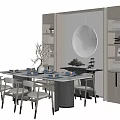 Modern Dining Table Set with White Chairs Marble Top and Decorative Cabinets 3d model