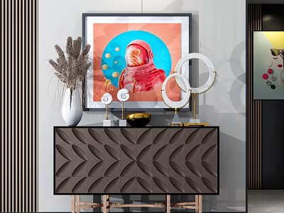 Modern Entryway Cabinet Sideboard With Decorative Vases Artwork And Circular Mirrors 3d model
