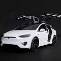 White Tesla Model X With Open Falcon Wing Doors On Dark Background