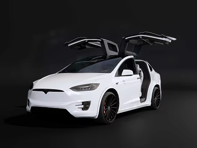 White Tesla Model X With Open Falcon Wing Doors On Dark Background 3d model