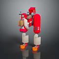 Red And White Biomorphic Robot Holding Box With Orange Base Legs 3d model