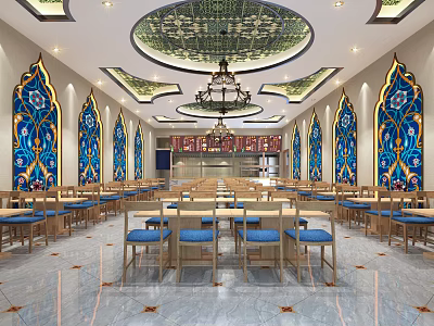 Dining Hall Interior With Stained Glass Windows Ceiling Decoration Chandelier And Arranged Tables Chairs 3d model