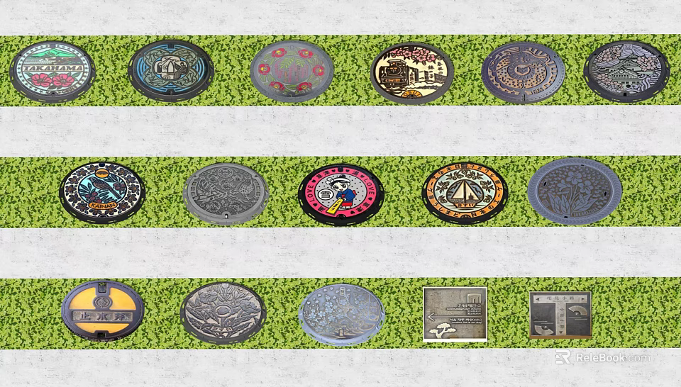 Road Manhole Covers With Various Designs On Green Grass And Gray Pavement 3d model 