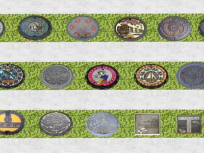 Road Manhole Covers With Various Designs On Green Grass And Gray Pavement 3d model