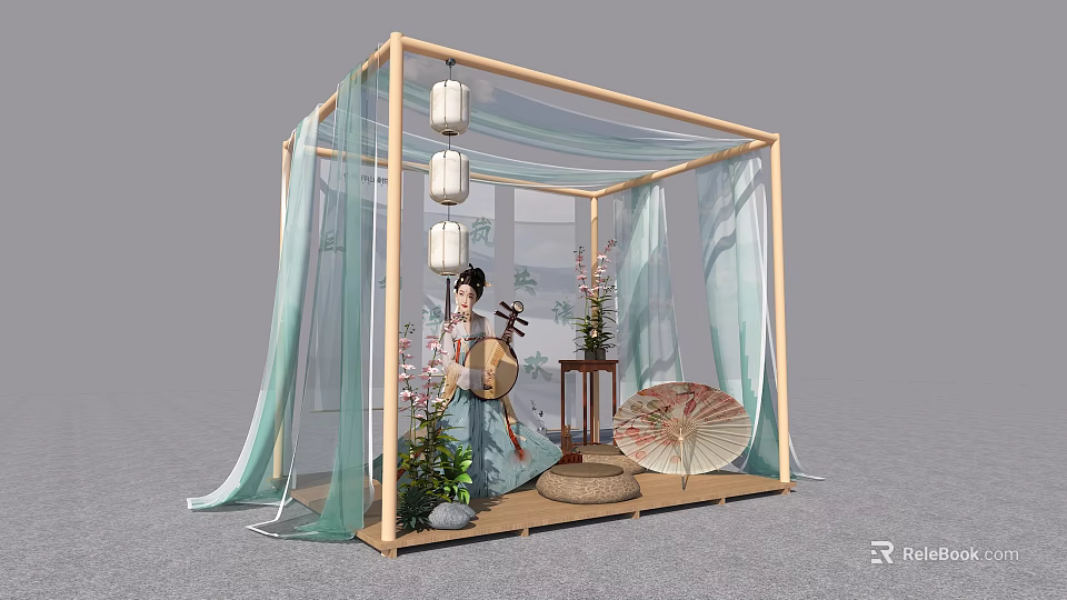 Traditional Chinese Bamboo Pavilion with Gauze Curtains Hanfu Woman Lanterns Guqin and Flowers 3d model 