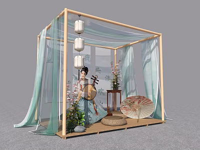 Traditional Chinese Bamboo Pavilion with Gauze Curtains Hanfu Woman Lanterns Guqin and Flowers 3d model