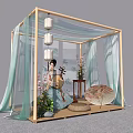 Traditional Chinese Bamboo Pavilion with Gauze Curtains Hanfu Woman Lanterns Guqin and Flowers