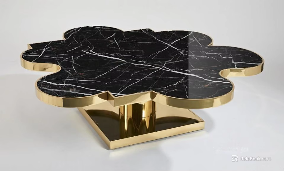 Modern Petal Shaped Coffee Table With Black Marble Top And Gold Base 3d model 