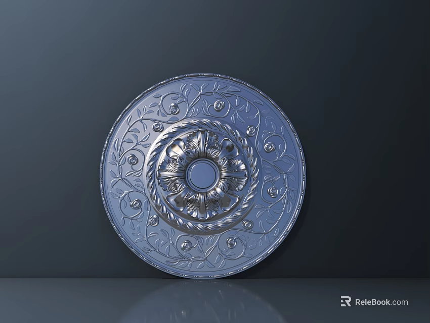 Silver Round Decorative Plate With Intricate Patterns And Central Ornament 3d model 
