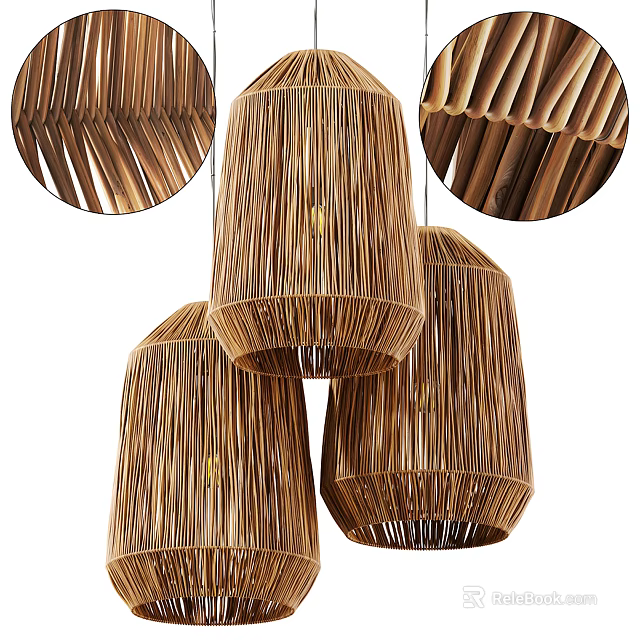 Natural Bamboo Woven Pendant Lights Three Hanging Lamps With Rustic Texture Design 3d model 