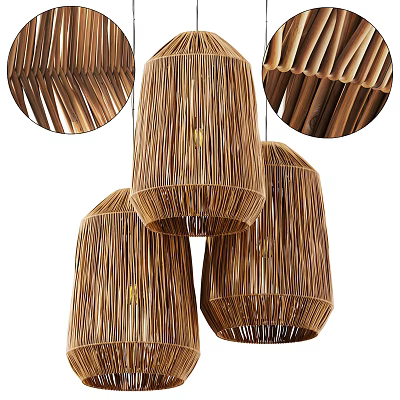 Natural Bamboo Woven Pendant Lights Three Hanging Lamps With Rustic Texture Design 3d model