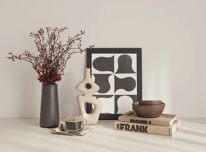 Modern Decorative Ornament Set With Gray Vase Red Berry Branches Abstract Sculpture And Geometric Frame 3d model 