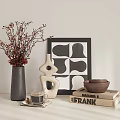 Modern Decorative Ornament Set With Gray Vase Red Berry Branches Abstract Sculpture And Geometric Frame