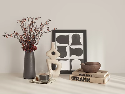 Modern Decorative Ornament Set With Gray Vase Red Berry Branches Abstract Sculpture And Geometric Frame 3d model