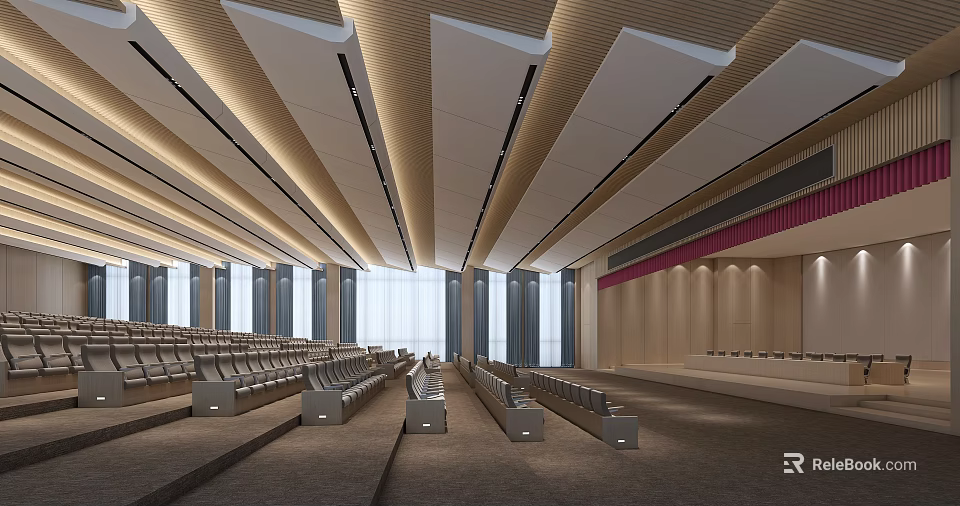 Spacious Conference Room With Wooden Linear Ceiling Rows of Seats Large Windows Stage Area 3d model 