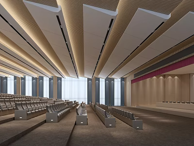 Spacious Conference Room With Wooden Linear Ceiling Rows of Seats Large Windows Stage Area 3d model