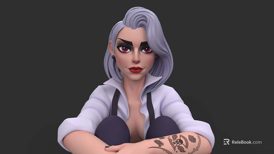 Stylish Game And Movie Character With Lavender Hair White Shirt Rolled Sleeves And Arm Tattoo 3d model 