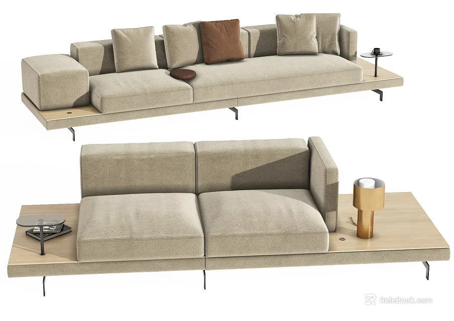 Modern Beige Sectional Sofa With Wooden Tray And Decorative Side Table 3d model