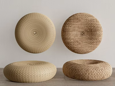 Natural Woven Round Floor Cushions With Textured Rattan Patterns For Home Living 3d model