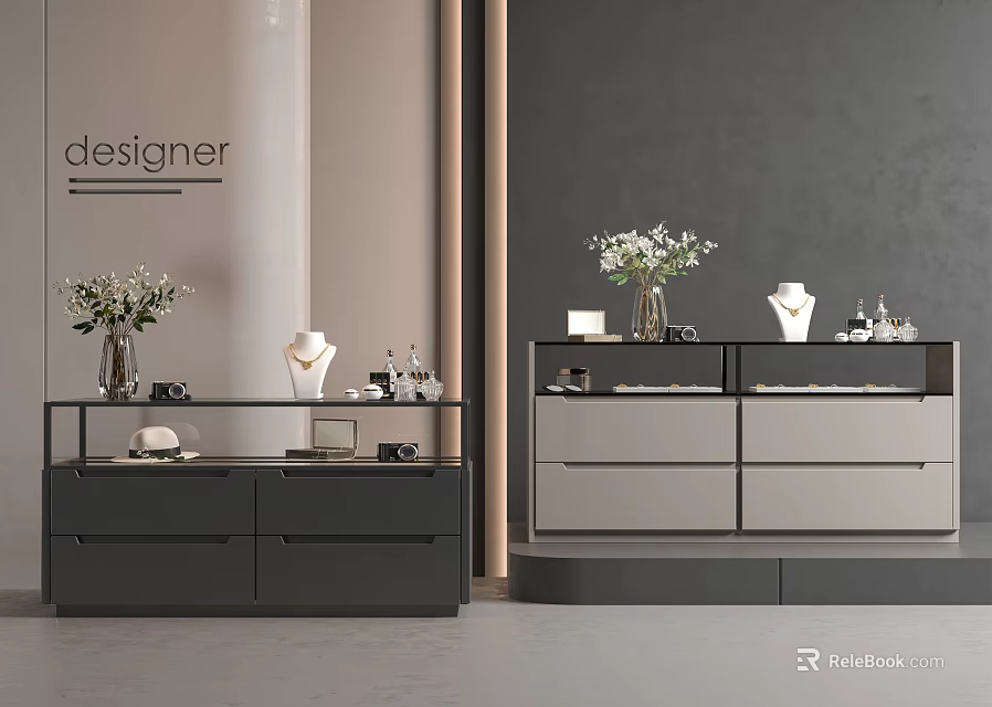 Elegant Modern Jewelry Cabinet With Drawers And Jewelry Display Vase Flowers 3d model 