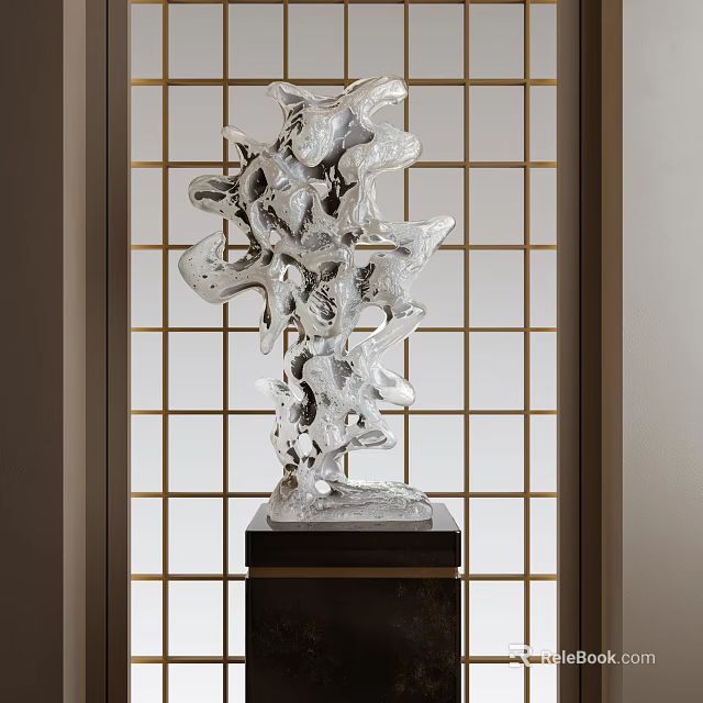 Abstract Silver Sculpture with Unique Curved Shapes on Pedestal Against Lattice Screen Background 3d model 