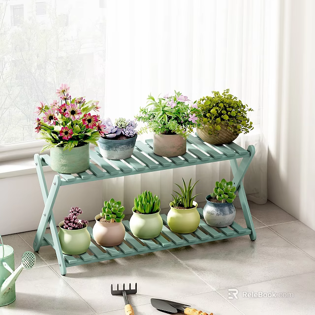 Two Tiered Green Flower Stand With Colorful Pots And Various Indoor Plants 3d model 