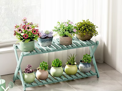Two Tiered Green Flower Stand With Colorful Pots And Various Indoor Plants 3d model