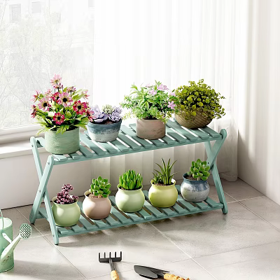 Two Tiered Green Flower Stand With Colorful Pots And Various Indoor Plants 3d model